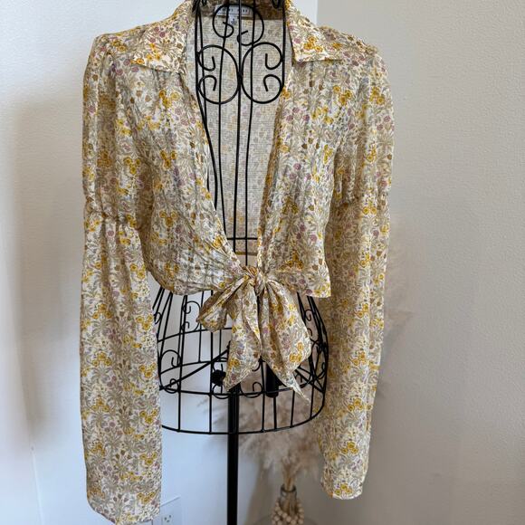 Emory Park Yellow Floral Sheer Tie Front Long Sleeve Cropped Blouse Small - Picture 1 of 9